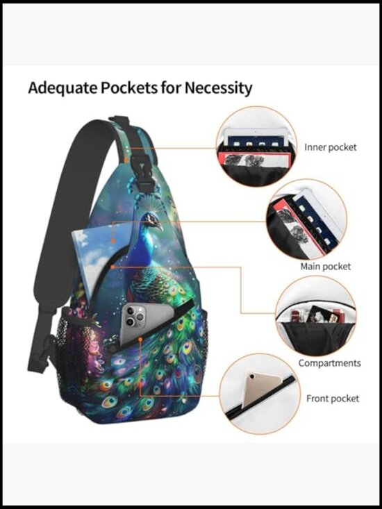 Peacock Print Sling Backpack Crossbody Bag Lightweight Waterproof Travel Daypack main image 4